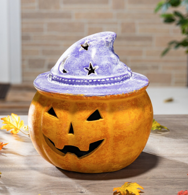 terracotta pumpkin with purple witch hat